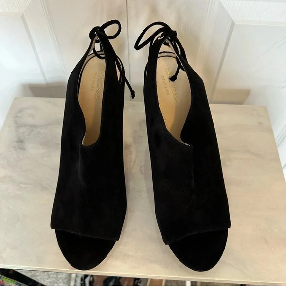 Cole Haan Emmett Bootie Black Suede Tie Ankle Open Toe Heel Size 9.5 B - Picture 5 of 11